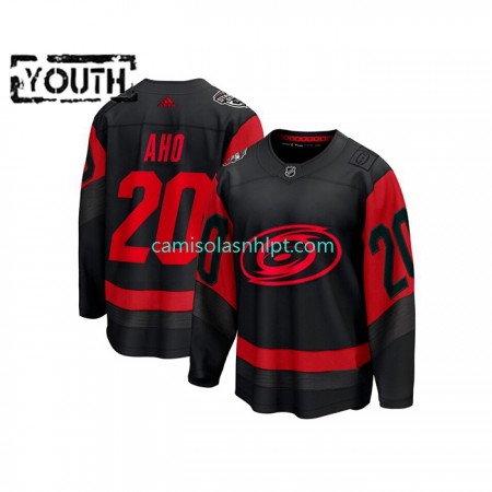 Camiseta Carolina Hurricanes Sebastian Aho 20 Adidas 2023 NHL Stadium Series Preto Authentic - Criança